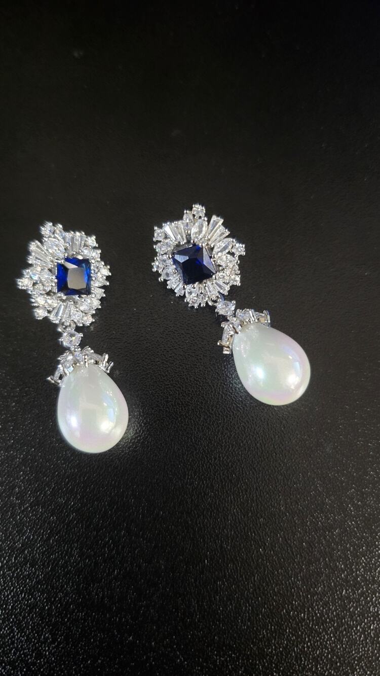 Women Silver Plated Blue Zirconia Long Pearl Earrings Dangle Drop Bridal Jewelry